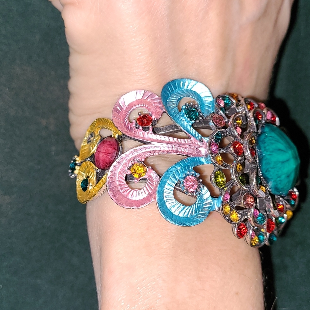 VTG Mardi Gras Mermaid SDLZ Cuff Bracelet Art Deco Floral Rainbow Wrist Clamper - Picture 4 of 12